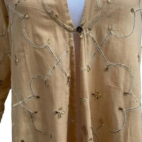 Hand Crafted Indian Kurta Jacket  Long Cotton Duster Gold Embroidery  NWT - Picture 5 of 13